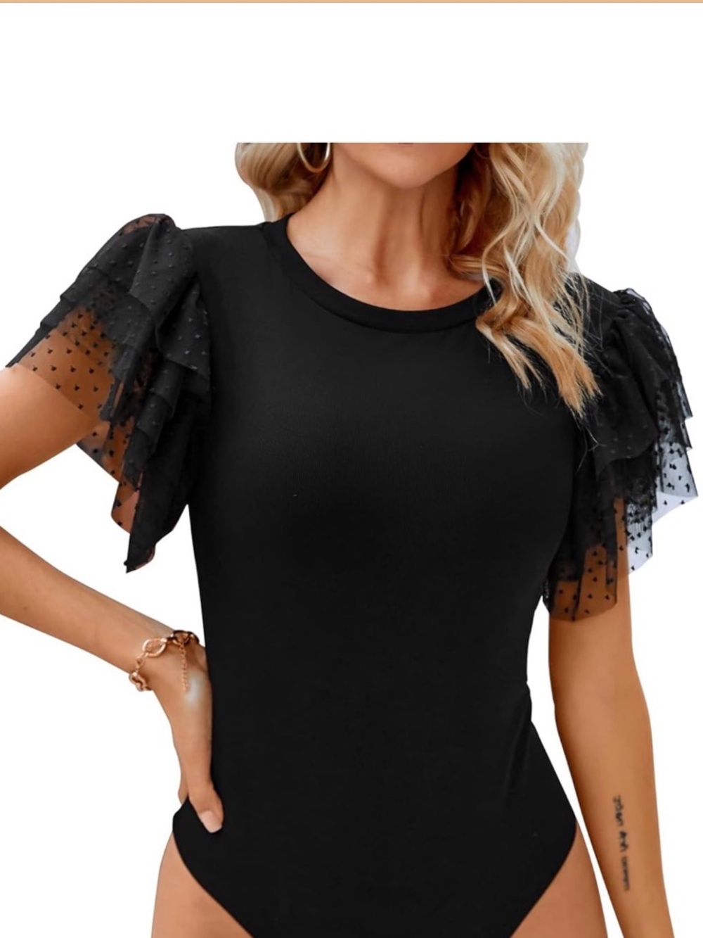 Black Puff Sleeve Women's Bodysuit with Polka Dot tulle cap sleeve. NWT